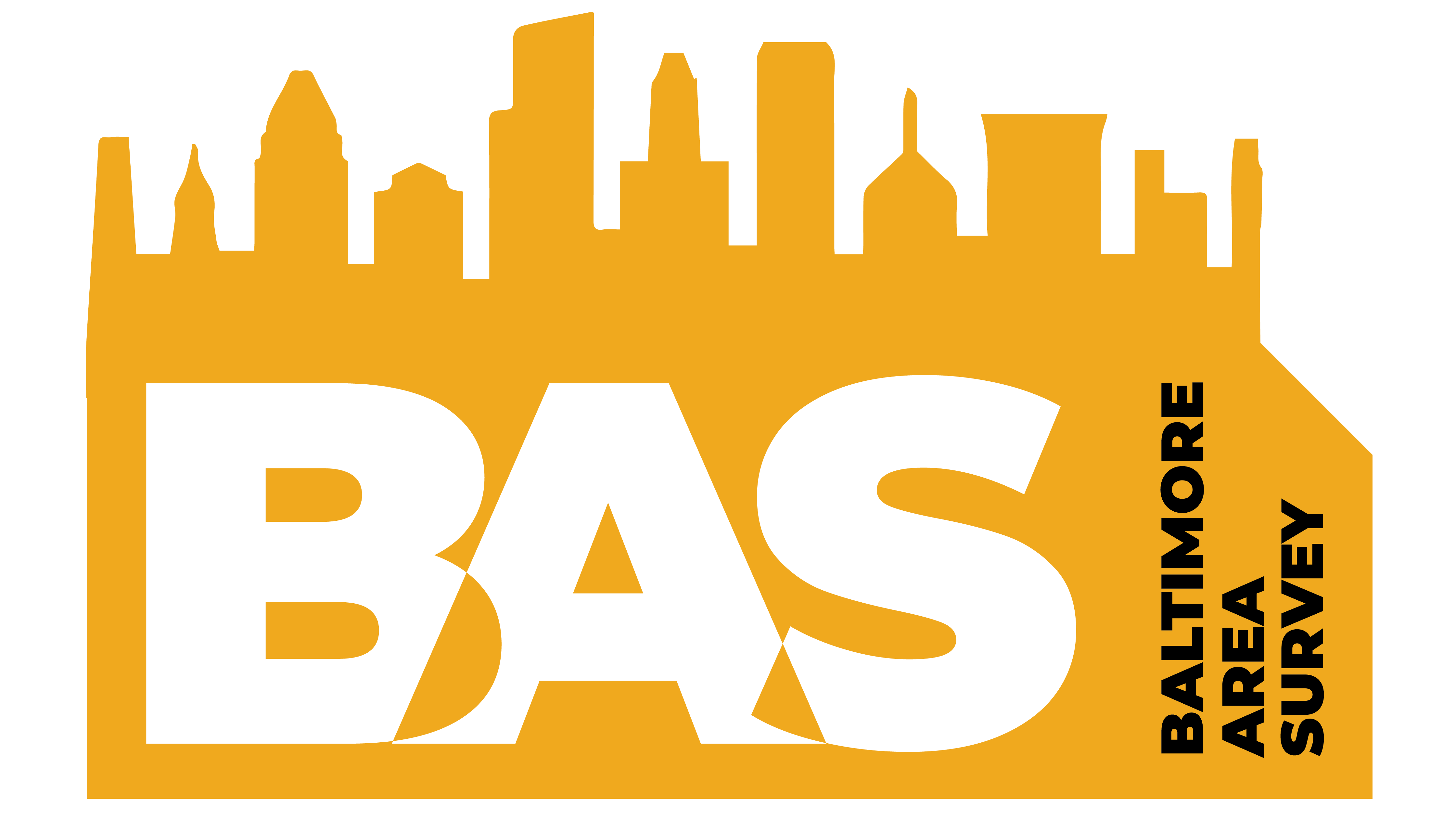 Baltimore Area Survey logo, black and white letters on a gold background of a city skyline