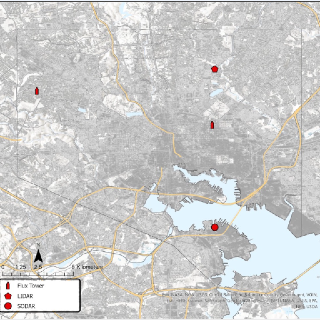 Map of flux tower locations in Baltimore