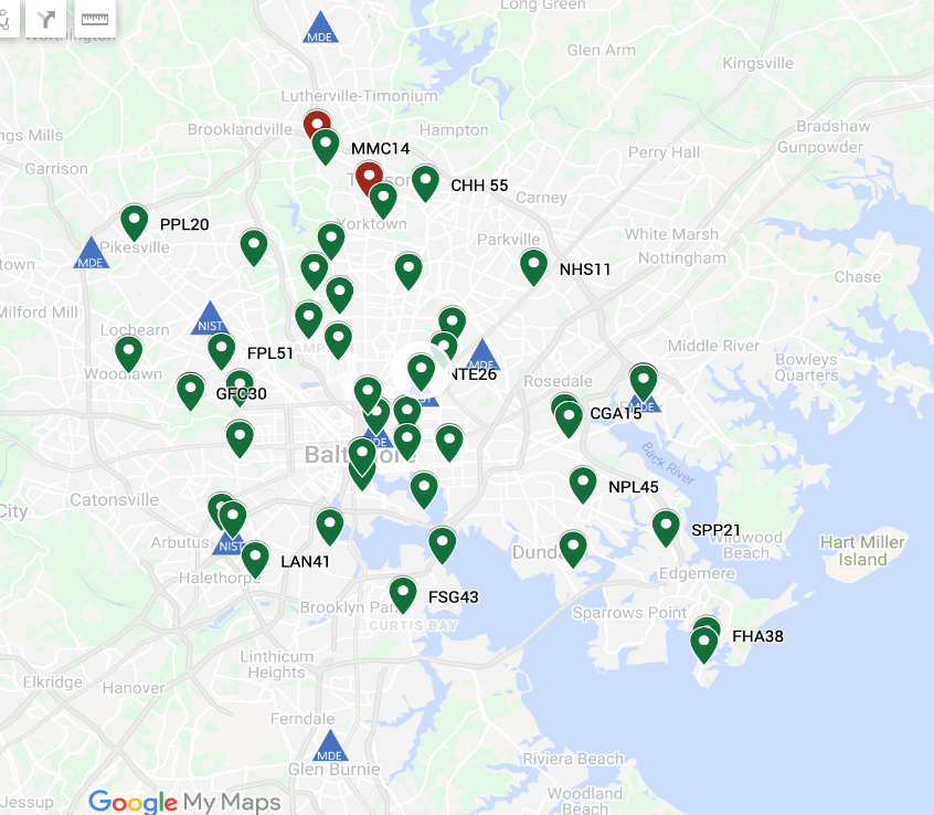 Map of air quality monitor locations in Baltimore City