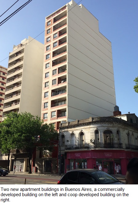 Two new apartment buildings in Buenos Aires, a commercially developed building on the left and coop developed building on the right.