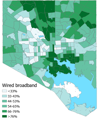 Map of wired internet connection by census tract in Baltimore