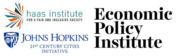 Logos for Johns Hopkins 21st Century Cities Initiative, Haas Institute, Economic Policy Institute